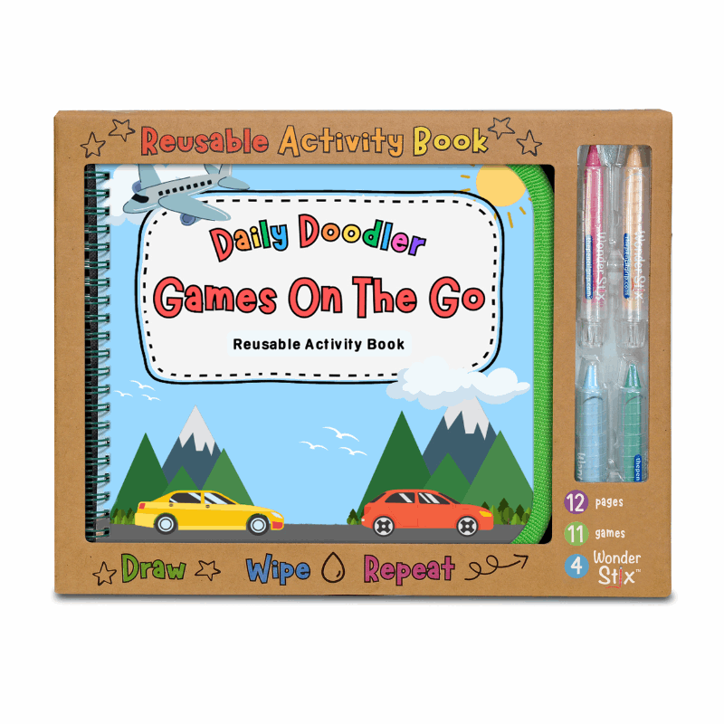 NEW! Daily Doodler Reusable Activity Book-Games on the Go, Includes 4 Wonder Stix